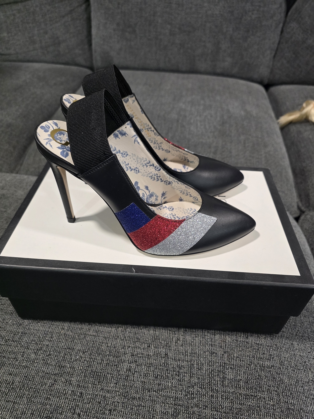 Gucci Black Pointed Slingback Heels with Blue, Red & Silver Glitter Stripes